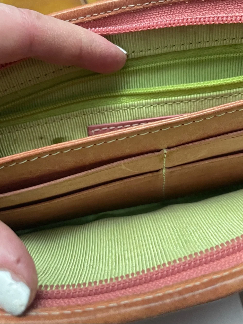 Tommy Bahama leather w Coral and Lime Green Interior Wristlet